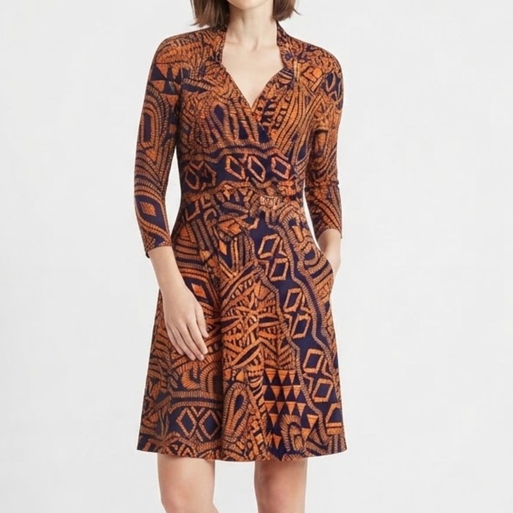 eShakti Geometric Dress Women's 12 Orange Purple Office Workwear Abstract Print